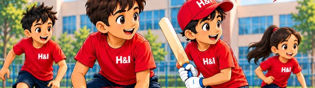 Illustration of four children in red H&I shirts playing cricket